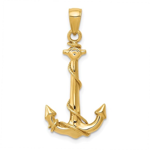 14k Yellow Gold Nautical 3D Anchor with Rope Small Necklace Pendant Unisex